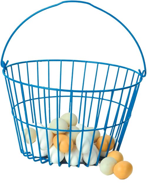 Blue coated wire basket with sturdy handle holding white and brown eggs, designed to cushion eggs and prevent rust, ideal for Farm, Garden & Tool and Animal Care collections.