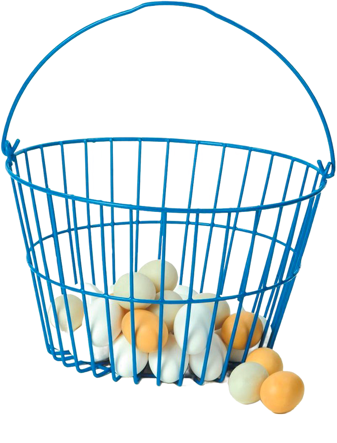 Blue coated wire basket with sturdy handle holding white and brown eggs, designed to cushion eggs and prevent rust, ideal for Farm, Garden & Tool and Animal Care collections.