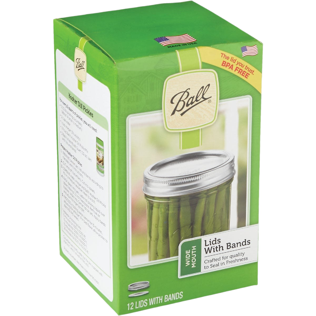 Green and cream packaging box of Ball wide-mouth canning lids and bands with a photo of a sealed jar of green beans, featuring BPA-free and made in USA labels, part of Kitchen & Food, Food Preservation, Canning collections.