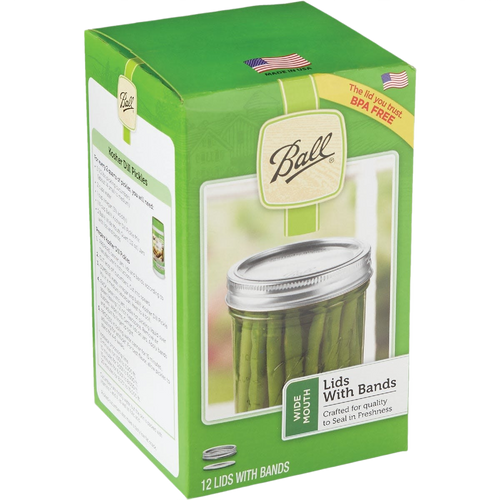 Green and cream packaging box of Ball wide-mouth canning lids and bands with a photo of a sealed jar of green beans, featuring BPA-free and made in USA labels, part of Kitchen & Food, Food Preservation, Canning collections.