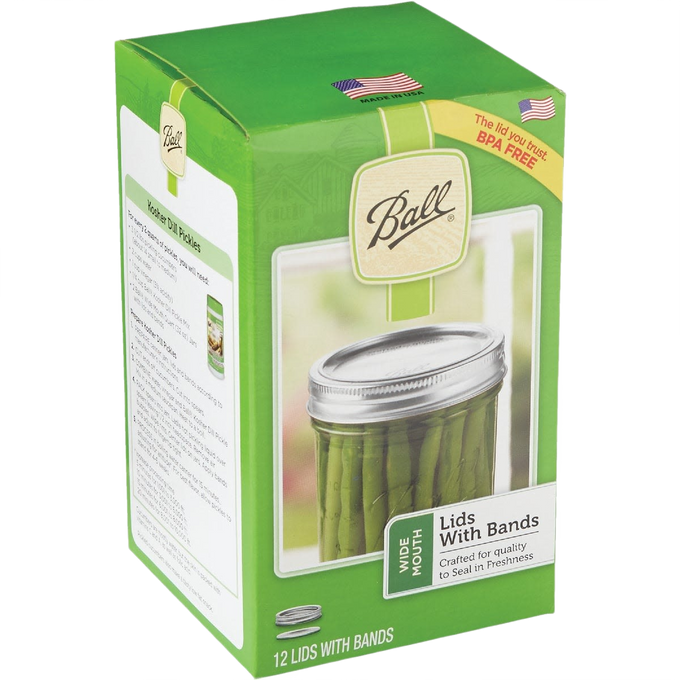 Green and cream packaging box of Ball wide-mouth canning lids and bands with a photo of a sealed jar of green beans, featuring BPA-free and made in USA labels, part of Kitchen & Food, Food Preservation, Canning collections.