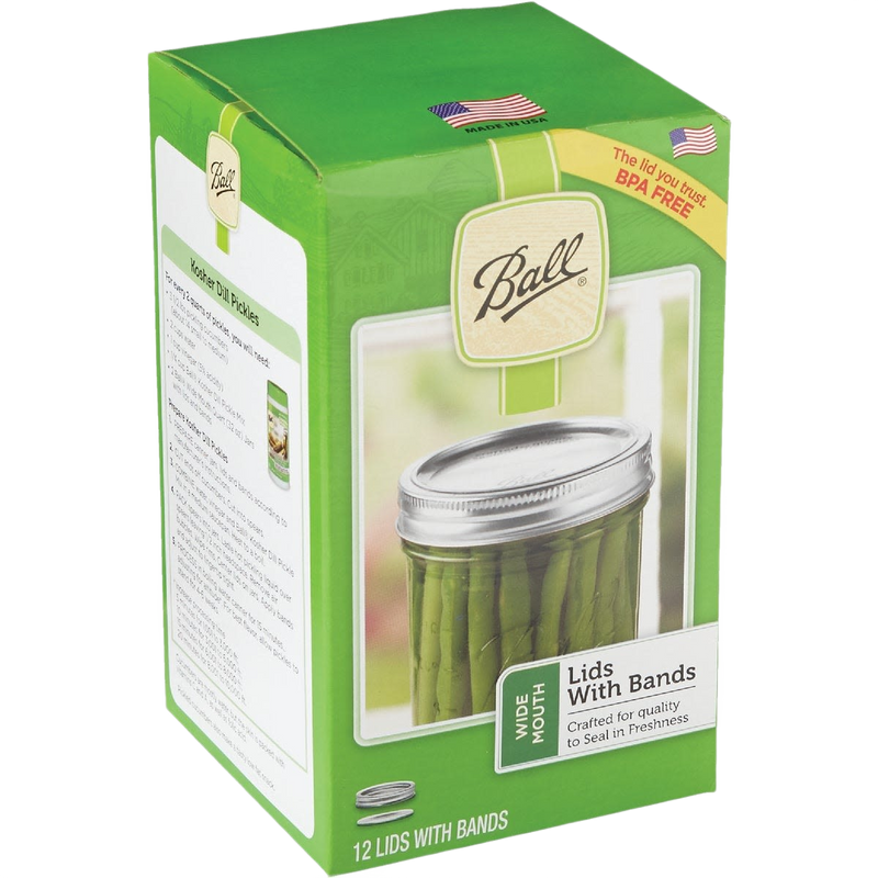 Green and cream packaging box of Ball wide-mouth canning lids and bands with a photo of a sealed jar of green beans, featuring BPA-free and made in USA labels, part of Kitchen & Food, Food Preservation, Canning collections.