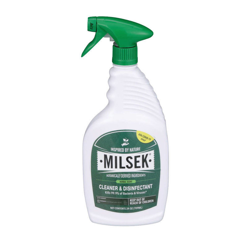 White spray bottle with a green nozzle labeled as a botanically derived cleaner and disinfectant, featured in Home & Decor, Household Cleaning, and USA Made collections.