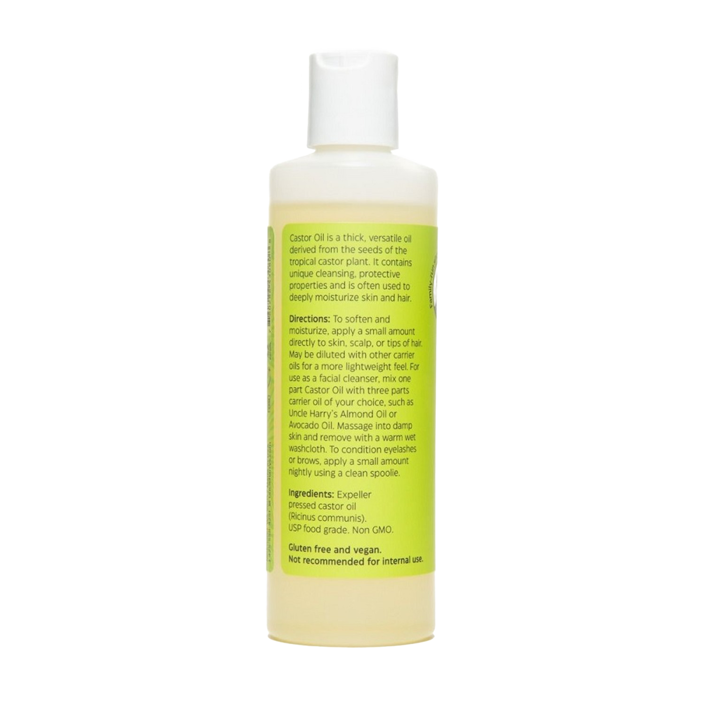 Bottle of Uncle Harry’s Castor Oil for Moisturizing with detailed label instructions, highlighting natural expeller pressed oil, gluten-free and vegan, part of Health & Wellness and USA Made collections.