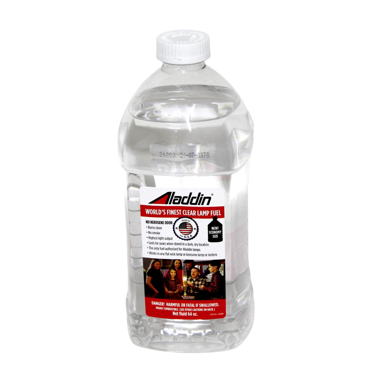 Clear 32 oz bottle of Aladdin lamp oil with red and white label highlighting clean-burning, no kerosene odor, ideal for lamps and lanterns in Lamps & Lighting and Lamp and Lantern Fuel collections.