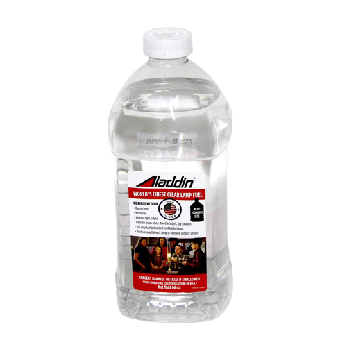 Clear 32 oz bottle of Aladdin lamp oil with red and white label highlighting clean-burning, no kerosene odor, ideal for lamps and lanterns in Lamps & Lighting and Lamp and Lantern Fuel collections.