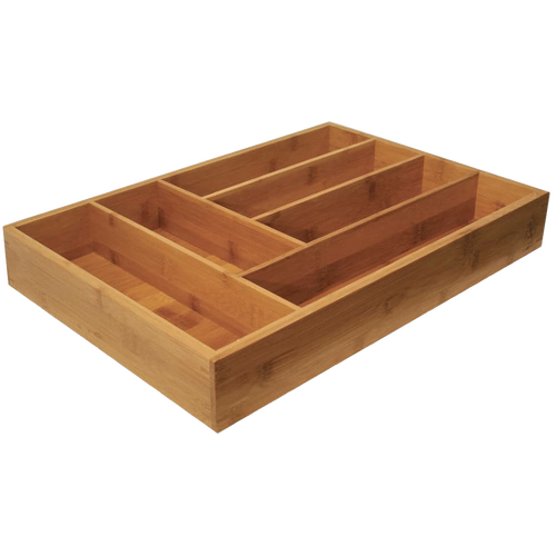 Bamboo flatware organizer with six compartments designed for kitchen drawers, combining natural wood look with practical storage in Kitchen & Food, Dinnerware, and Kitchen Accessories collections.