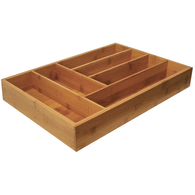Bamboo flatware organizer with six compartments designed for kitchen drawers, combining natural wood look with practical storage in Kitchen & Food, Dinnerware, and Kitchen Accessories collections.