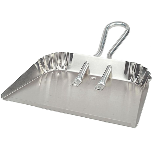 Lightweight rustproof aluminum dustpan featuring reinforced corners and hanging loops, designed for household cleaning and included in Home & Decor, USA Made, and Best Sellers collections.