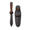 Garden hand tool with a heat-treated stainless steel blade and wooden handle, paired with a durable fabric sheath, ideal for digging and cultivating tasks in farm and garden settings.