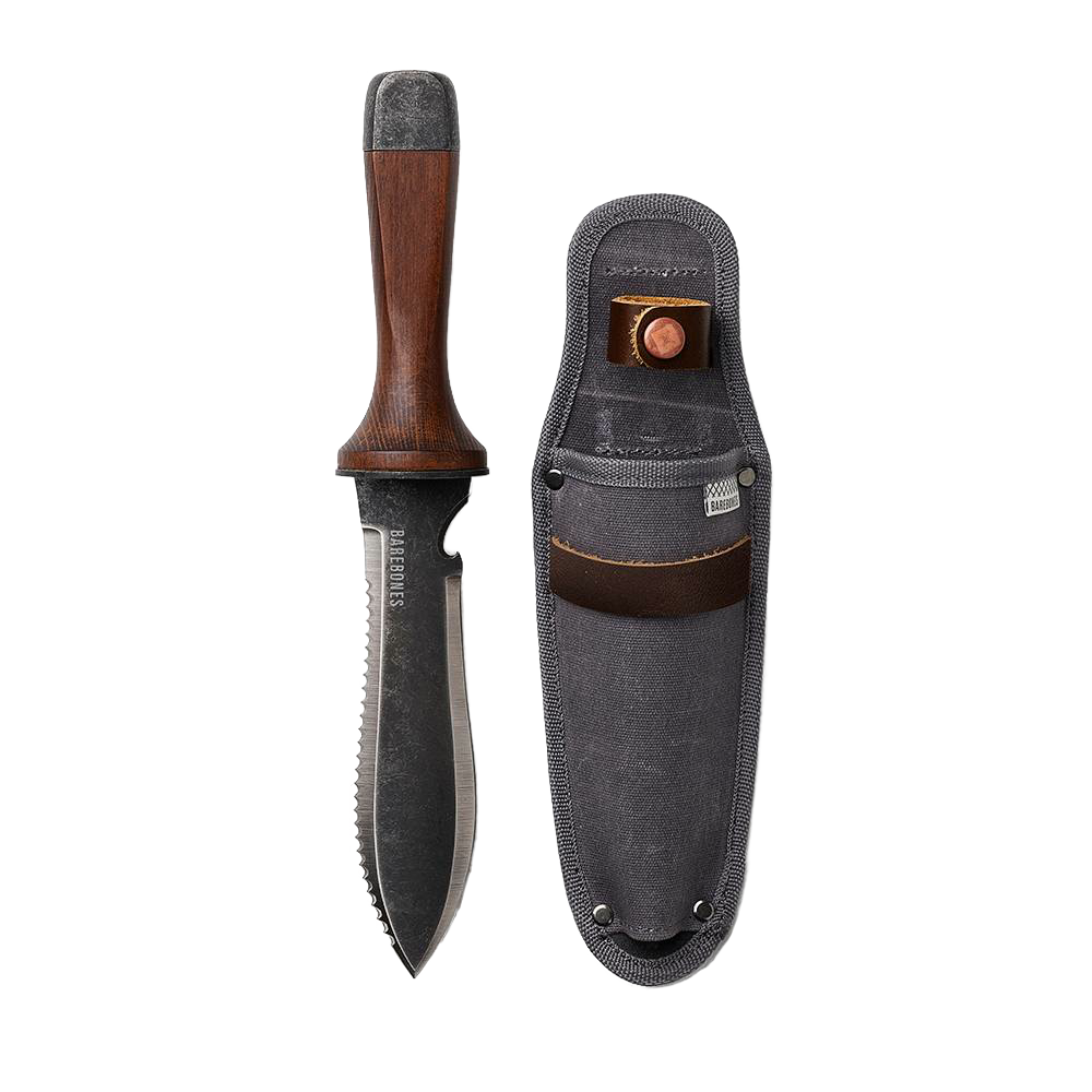 Garden hand tool with a heat-treated stainless steel blade and wooden handle, paired with a durable fabric sheath, ideal for digging and cultivating tasks in farm and garden settings.