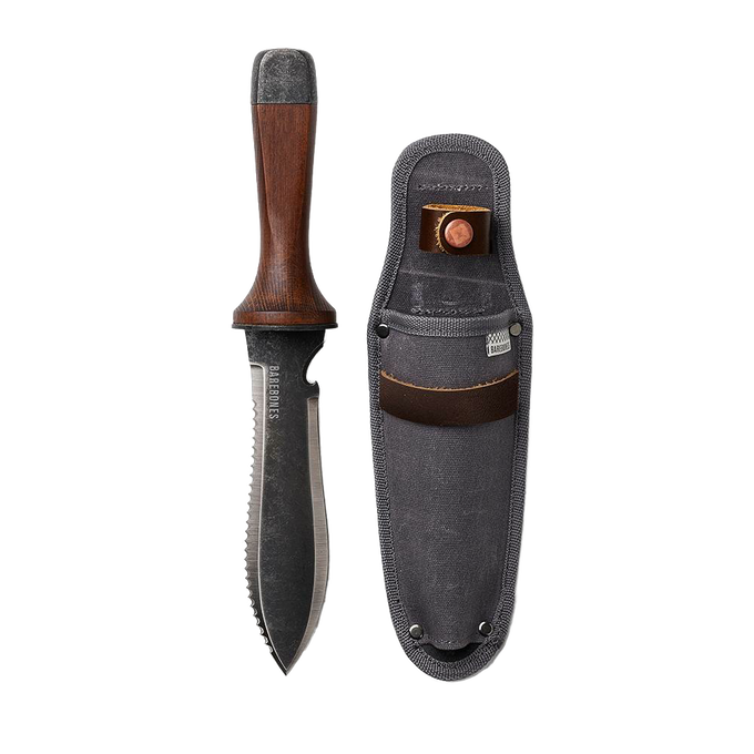 Garden hand tool with a heat-treated stainless steel blade and wooden handle, paired with a durable fabric sheath, ideal for digging and cultivating tasks in farm and garden settings.