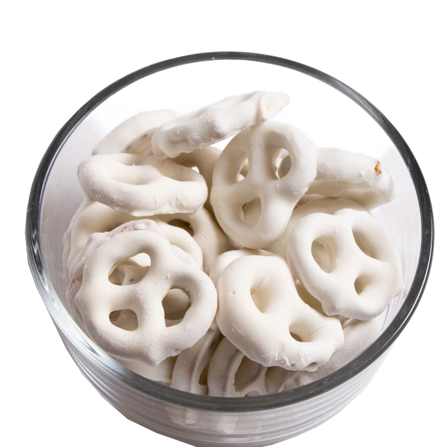 Clear glass bowl filled with handcrafted mini pretzels coated in creamy white chocolate, a USA made snack perfect for Kitchen & Food, Snacks and Sweets, Candy, Best Sellers, and Promo Eligible collections.