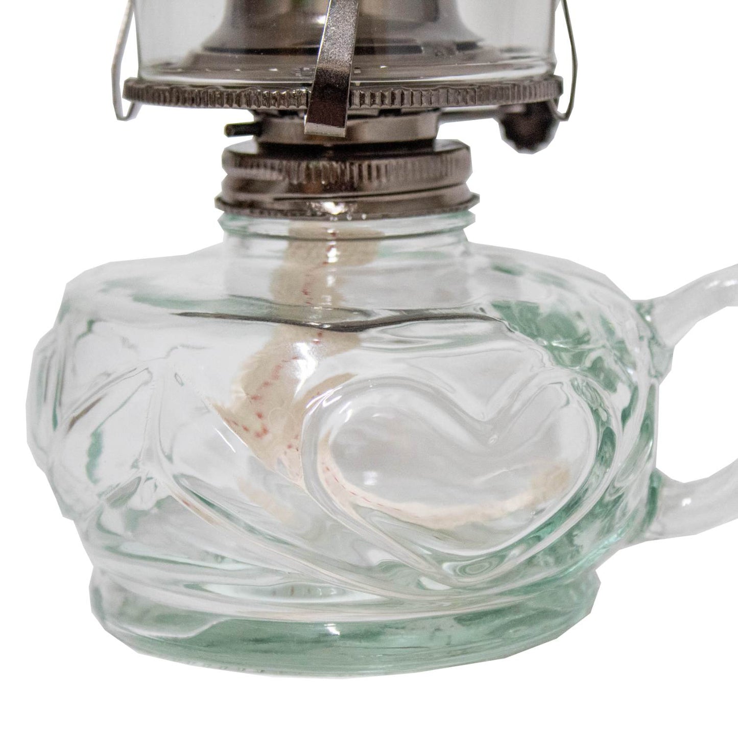 Close-up of a handcrafted clear glass oil lamp font with a unique finger hold on the side, part of Lamps & Lighting, Oil Lamps, Table Lamps, and Best Sellers collections.