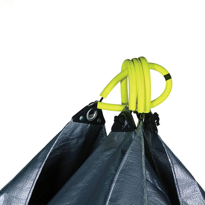 Soft grip yellow rubber handles attached to black-riveted tarp corners, designed to turn a standard tarp into a functional yard cleanup tool, ideal for Farm, Garden & Tool and Lawncare collections.
