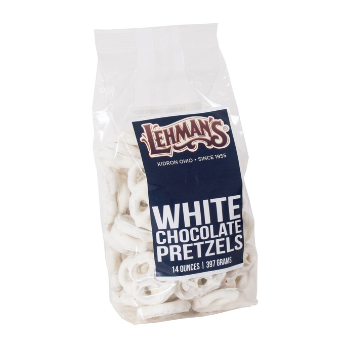 Clear resealable bag of handcrafted white chocolate covered pretzels, a USA made snack perfect for Kitchen & Food, Food, Snacks and Sweets, Candy, Best Sellers, and Promo Eligible collections.