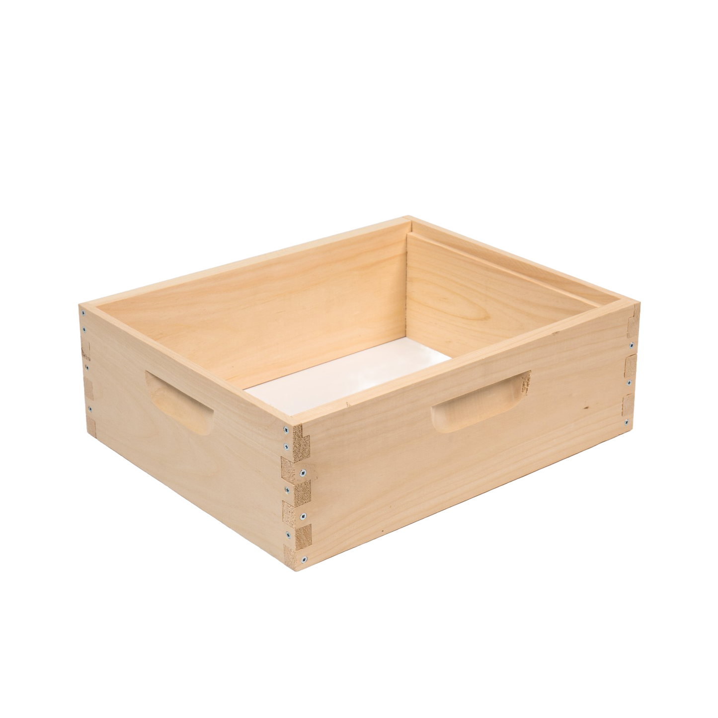 Handcrafted wooden bee box designed for beekeeping, featuring smooth natural wood, finger joint corners, and cutout handles, made in USA, ideal for farm and garden use.