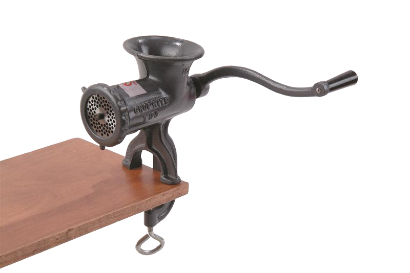 Heavy-duty clamp-down metal meat grinder with long crank handle attached to wooden surface, featuring durable construction and suitable for Kitchen & Food, Specialty Equipment, Butchering Supplies, USA Made, Best Sellers, and Promo Eligible collections.