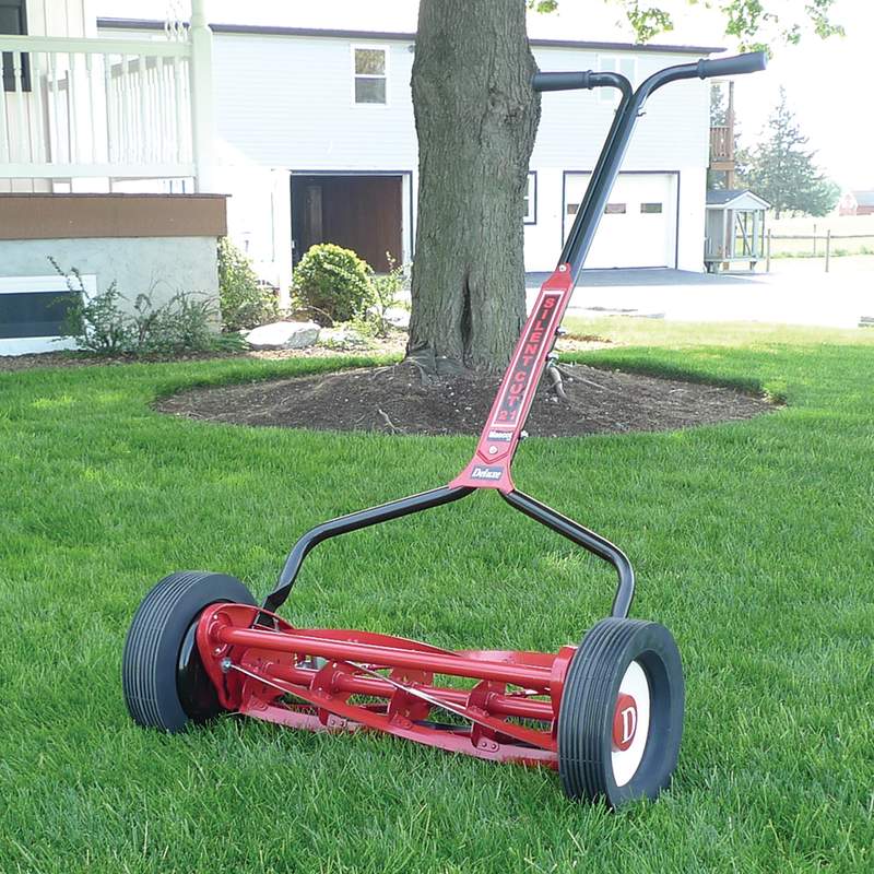 Handcrafted red and black reel mower with six heat-treated blades and ergonomic handle, designed for quiet, efficient lawncare, featured in Farm, Garden & Tool, Lawncare, Best Sellers, and Promo Eligible collections.