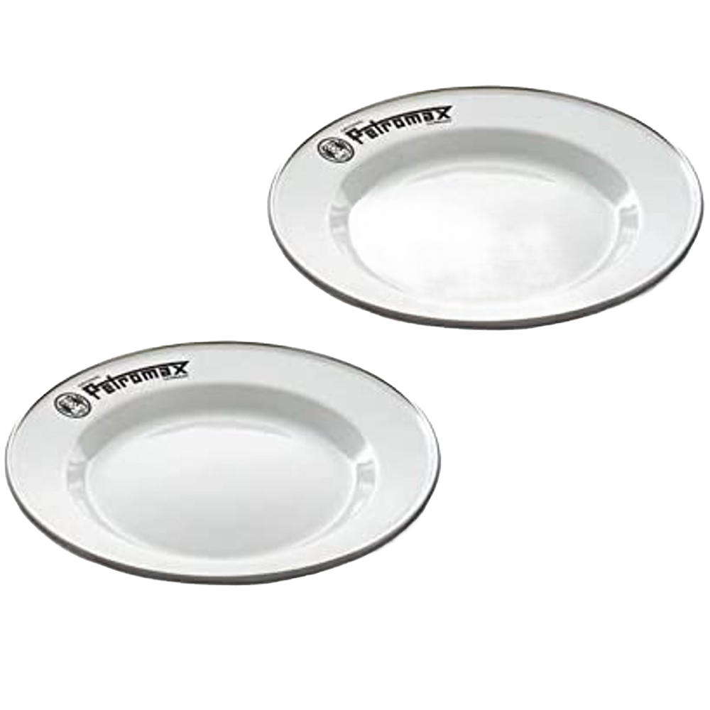 Set of two white enamel camping plates with black rim and Petromax logo, lightweight and heat-resistant, ideal for Farm, Garden & Tool, Kitchen & Food, Camping, Dinnerware, and Best Sellers collections.