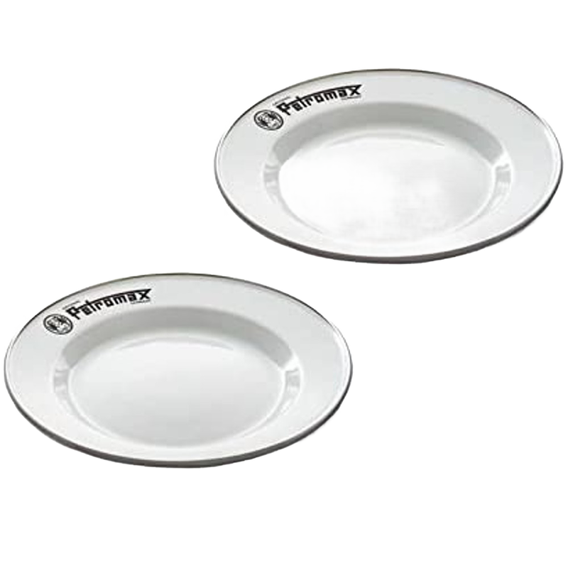 Set of two white enamel camping plates with black rim and Petromax logo, lightweight and heat-resistant, ideal for Farm, Garden & Tool, Kitchen & Food, Camping, Dinnerware, and Best Sellers collections.