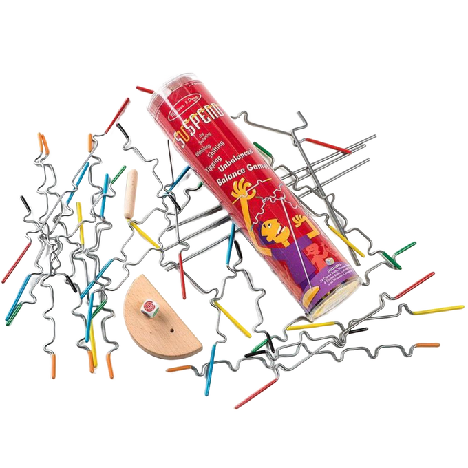 Handcrafted balance game featuring metal wire pieces with colorful wooden ends and a wooden base, perfect for Toys, Children's Toys, Games and Puzzles, and Best Sellers collections.