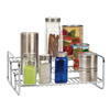 Chrome-finished 3-tiered wire rack holding assorted spice jars, cans, and containers, designed for organizing pantry, kitchen gadgets, and storage while maximizing space efficiency.