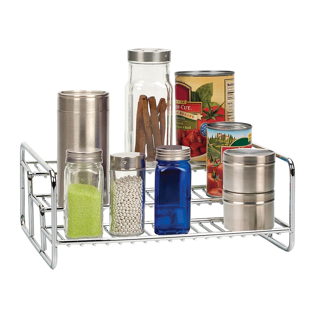 Chrome-finished 3-tiered wire rack holding assorted spice jars, cans, and containers, designed for organizing pantry, kitchen gadgets, and storage while maximizing space efficiency.