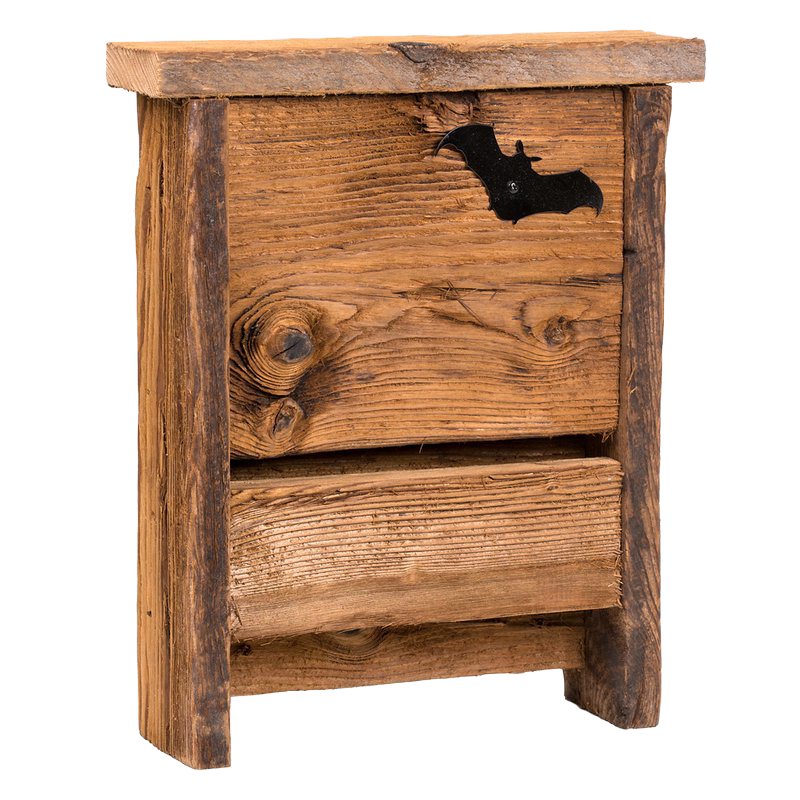 Handcrafted upcycled wooden bat house with deep grain texture and rustic finish, designed by Amish makers in the USA for garden pest control and outdoor decor.