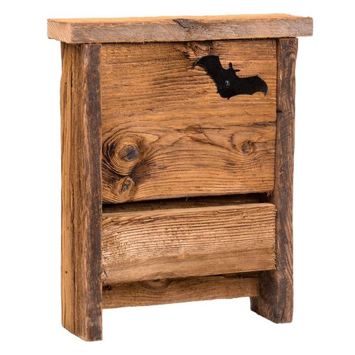 Handcrafted upcycled wooden bat house with deep grain texture and rustic finish, designed by Amish makers in the USA for garden pest control and outdoor decor.