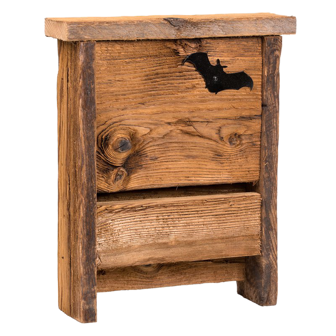 Handcrafted upcycled wooden bat house with deep grain texture and rustic finish, designed by Amish makers in the USA for garden pest control and outdoor decor.