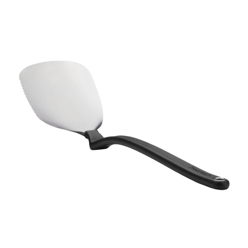 Flexible stainless steel grill spatula with black ergonomic handle, designed for flipping, cutting, and scraping, featured in Kitchen & Food and Grilling collections.