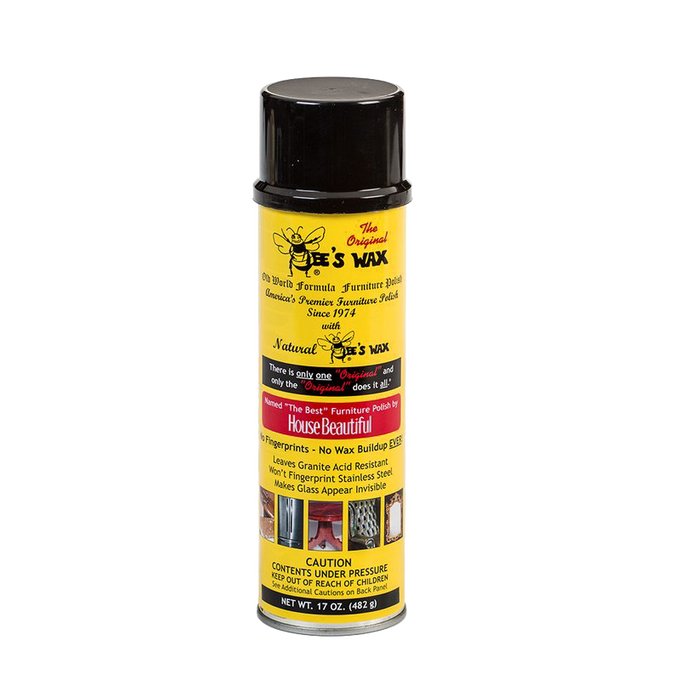 Yellow can of beeswax furniture polish with black cap, labeled to protect wood surfaces without residue, featured in Home & Decor, Household Cleaning, and USA Made collections.