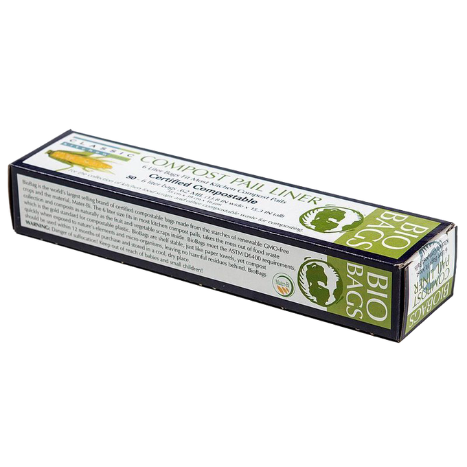 Box of compost pail bags made from renewable non-GMO starches, certified compostable and designed for clean disposal, featured in Farm, Garden & Tool and Composting collections.