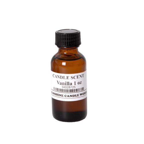 Amber glass bottle of vanilla scented oil for candle making, featuring a black screw cap and white label, part of handcrafted soy candle supplies in Lamps & Lighting and Candlemaking collections.