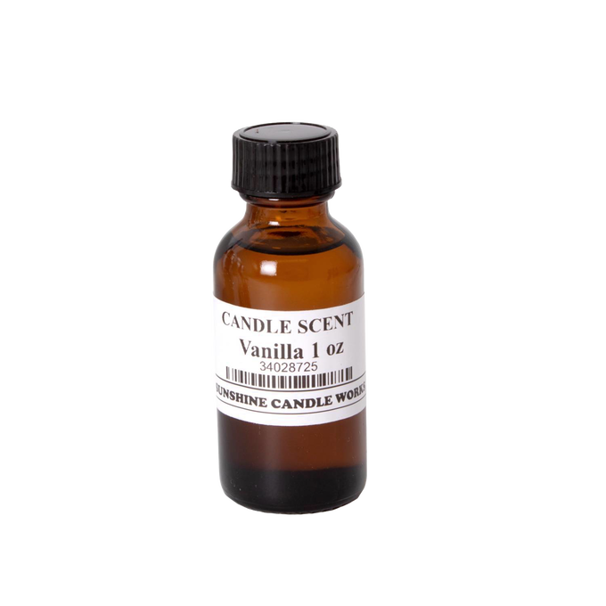 Amber glass bottle of vanilla scented oil for candle making, featuring a black screw cap and white label, part of handcrafted soy candle supplies in Lamps & Lighting and Candlemaking collections.
