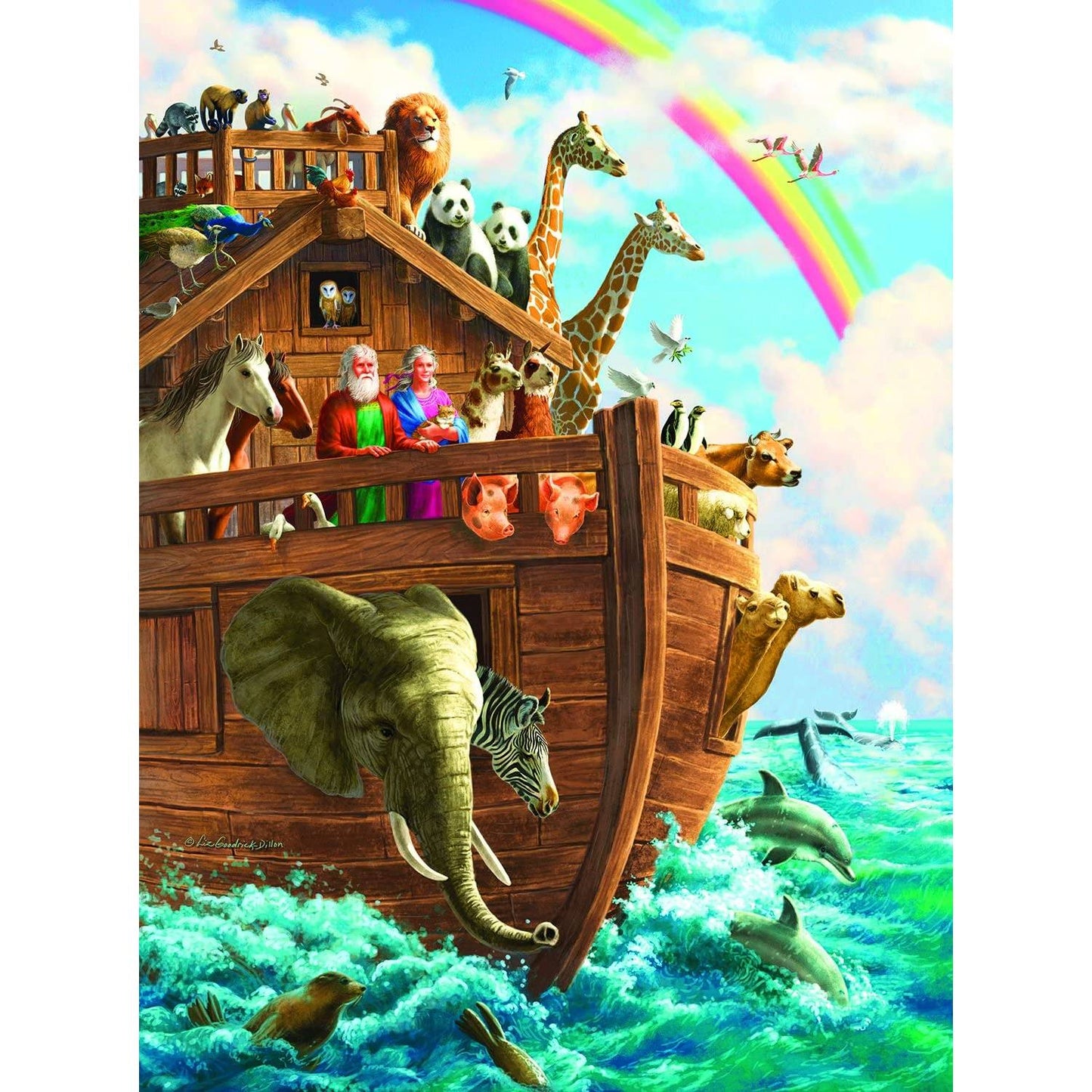 Vibrant illustration of a handcrafted Noah’s Ark with diverse animals including elephants, giraffes, and dolphins, under a rainbow in bright blue skies, featured in Toys, Books & Games, USA Made, Children’s Toys, Games and Puzzles, Puzzles, Best Sellers, and Promo Eligible collections.