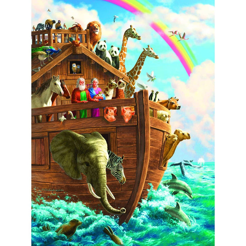 Vibrant illustration of a handcrafted Noah’s Ark with diverse animals including elephants, giraffes, and dolphins, under a rainbow in bright blue skies, featured in Toys, Books & Games, USA Made, Children’s Toys, Games and Puzzles, Puzzles, Best Sellers, and Promo Eligible collections.