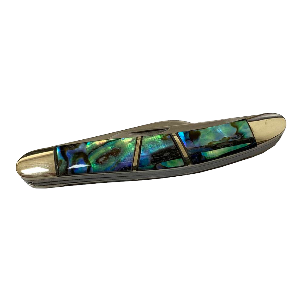 Compact handcrafted small dress knife featuring iridescent abalone shell handle with smooth brass terminals and stainless steel blades, ideal for Camping, Farm, Garden & Tool, and Pocket Knives collections.