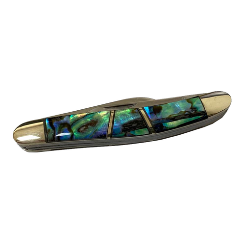 Compact handcrafted small dress knife featuring iridescent abalone shell handle with smooth brass terminals and stainless steel blades, ideal for Camping, Farm, Garden & Tool, and Pocket Knives collections.