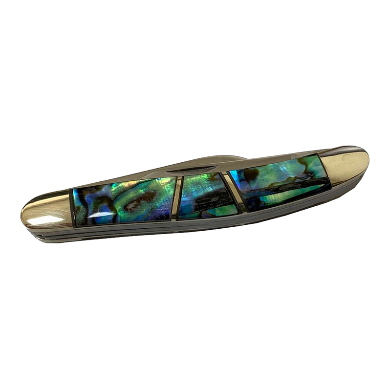Compact handcrafted small dress knife featuring iridescent abalone shell handle with smooth brass terminals and stainless steel blades, ideal for Camping, Farm, Garden & Tool, and Pocket Knives collections.