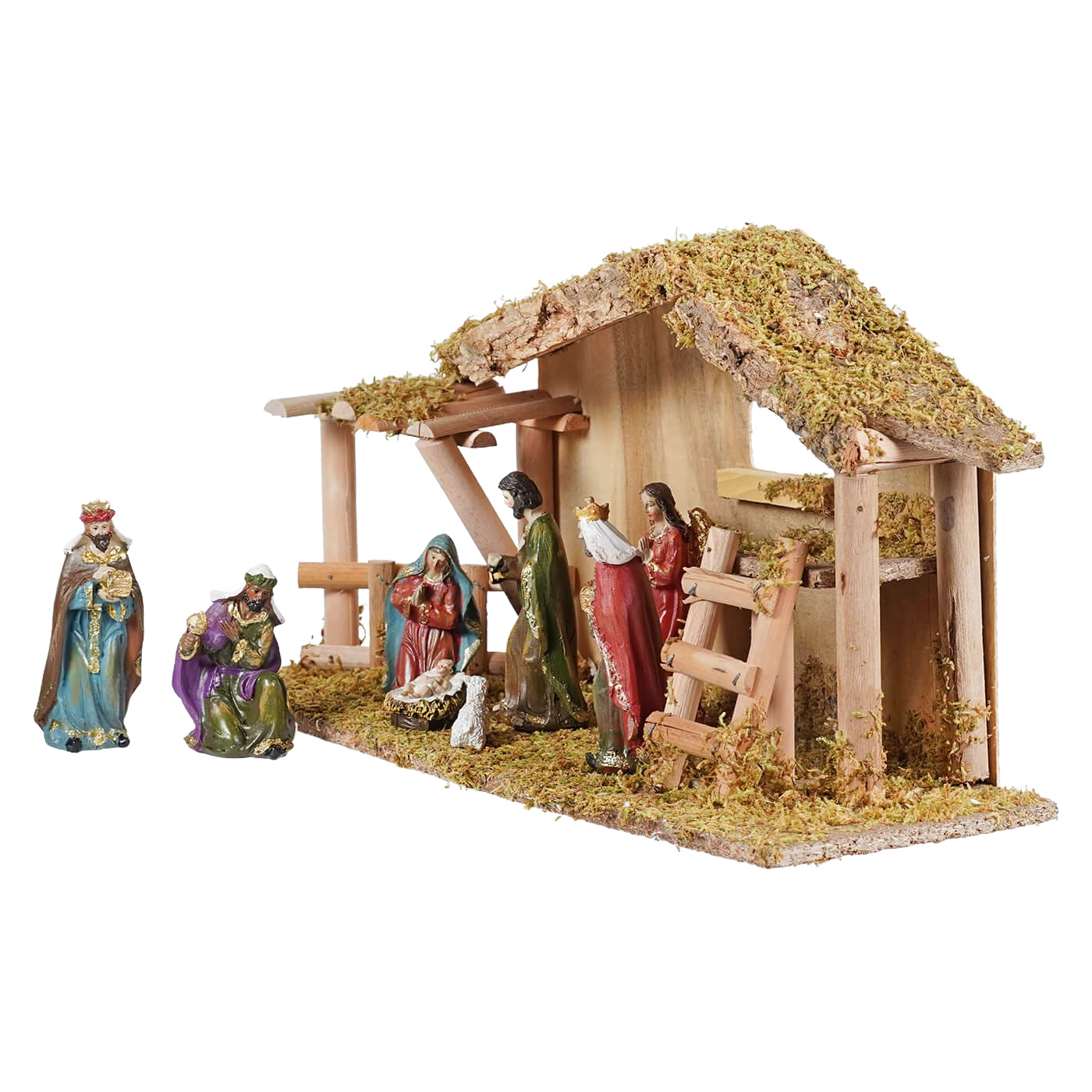 Tabletop Nativity with Moss-Covered Stable - Set of 9