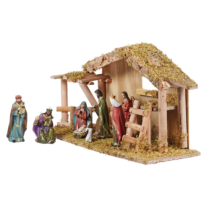Tabletop Nativity with Moss-Covered Stable - Set of 9