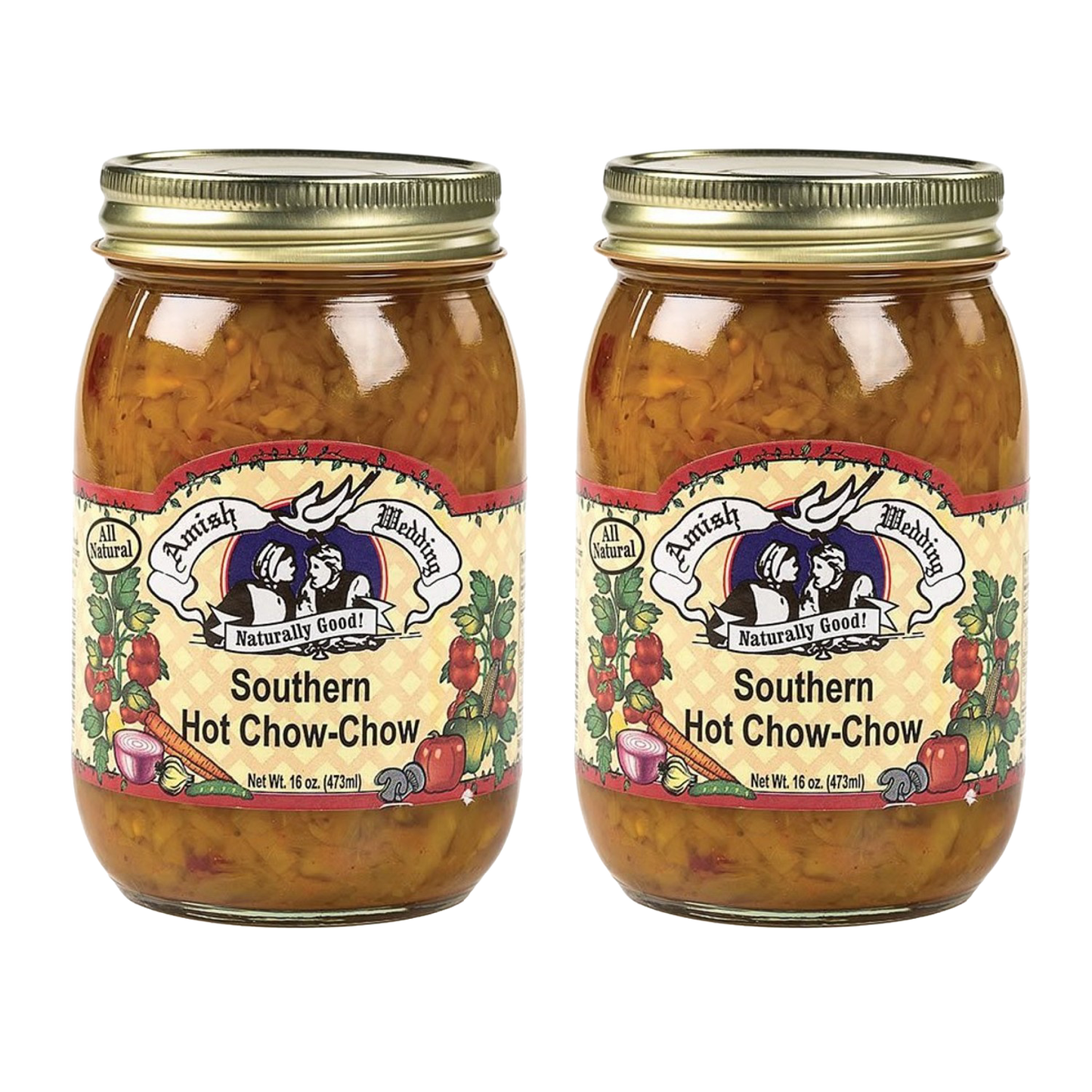 Two jars of handcrafted Southern Hot Chow-Chow relish made in USA Amish Country, featured in Kitchen & Food, Food, Pantry, USA Made, Best Sellers, and Promo Eligible collections.