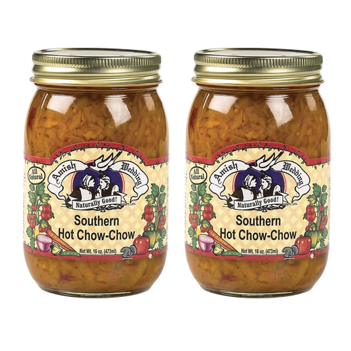 Two jars of handcrafted Southern Hot Chow-Chow relish made in USA Amish Country, featured in Kitchen & Food, Food, Pantry, USA Made, Best Sellers, and Promo Eligible collections.