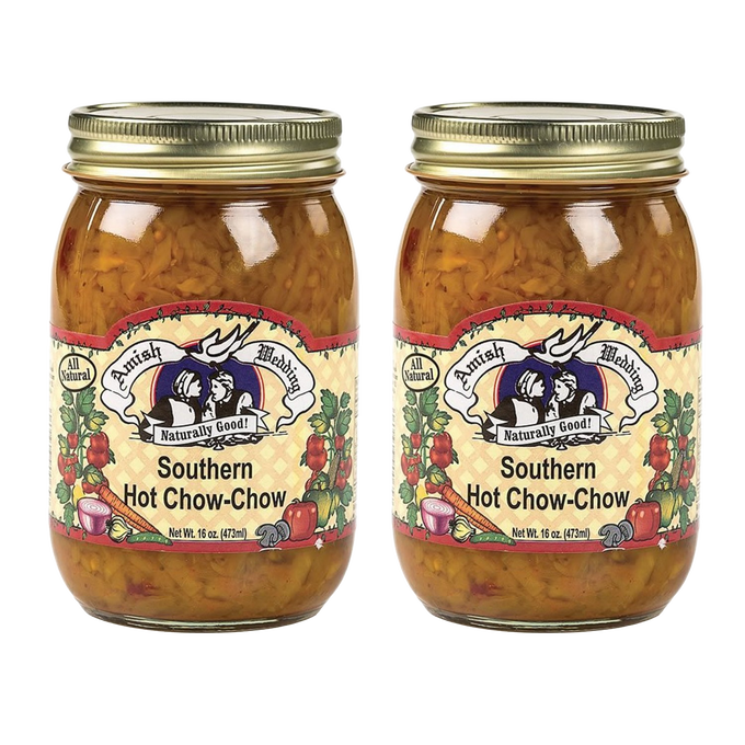 Two jars of handcrafted Southern Hot Chow-Chow relish made in USA Amish Country, featured in Kitchen & Food, Food, Pantry, USA Made, Best Sellers, and Promo Eligible collections.