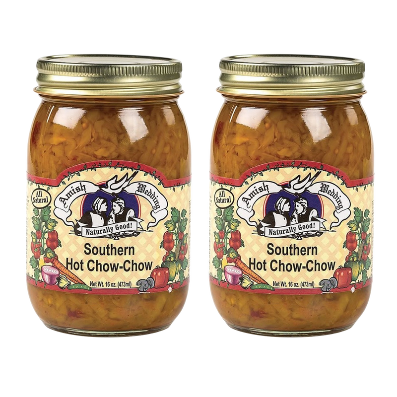Two jars of handcrafted Southern Hot Chow-Chow relish made in USA Amish Country, featured in Kitchen & Food, Food, Pantry, USA Made, Best Sellers, and Promo Eligible collections.