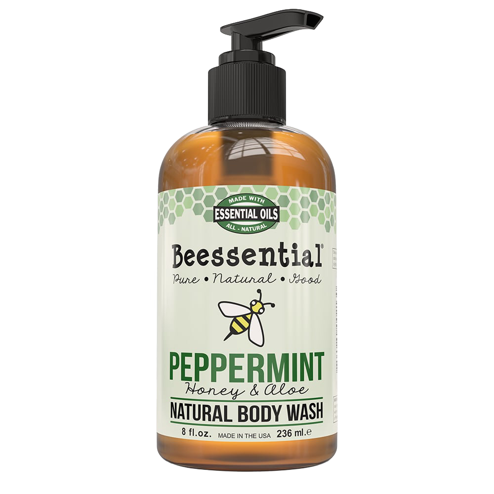 Amber pump bottle of peppermint-scented natural body wash with honey and aloe, featuring essential oils, handcrafted in the USA, included in Health & Wellness, Soaps, USA Made, and Best Sellers collections.