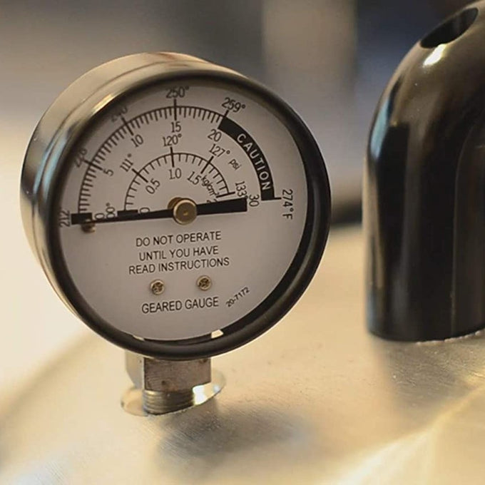Close-up of a handcrafted pressure gauge with clear temperature markings and safety notice, featured in Kitchen & Food, Food Preservation, and USA Made collections.