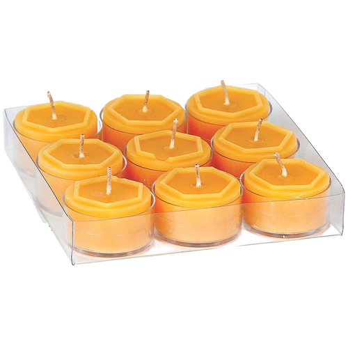 Box of nine handcrafted 100 percent beeswax tealight candles with honey-colored wax and natural cotton wicks, featured in Lamps & Lighting and USA Made collections.